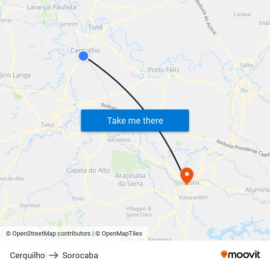 Cerquilho to Sorocaba map