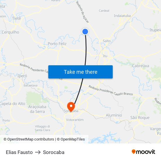 Elias Fausto to Sorocaba map