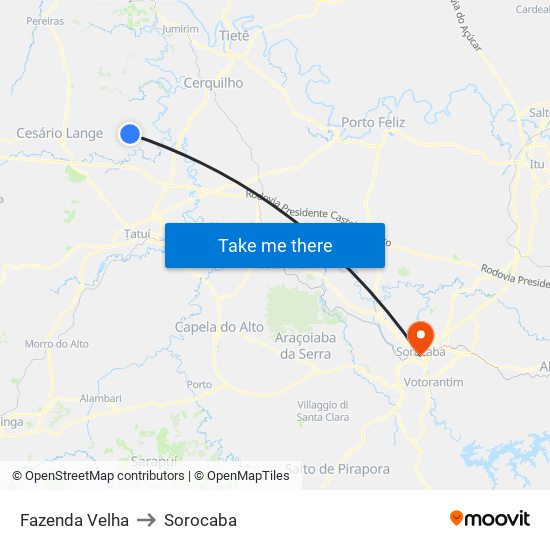 Fazenda Velha to Sorocaba map