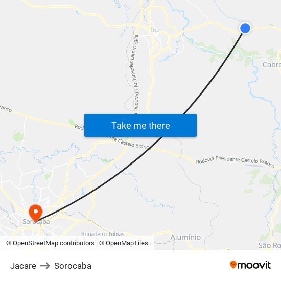 Jacare to Sorocaba map