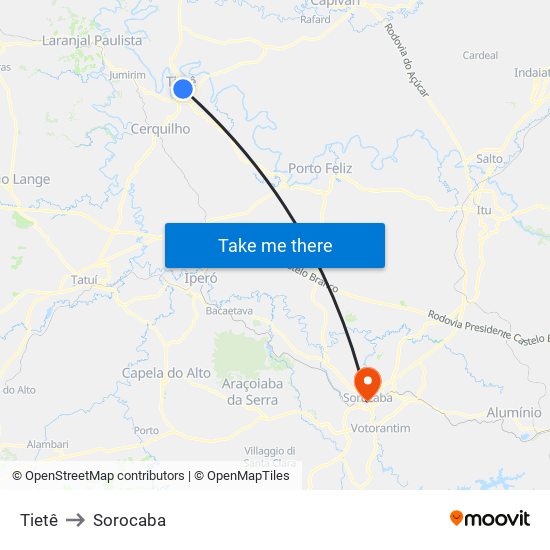 Tietê to Sorocaba map