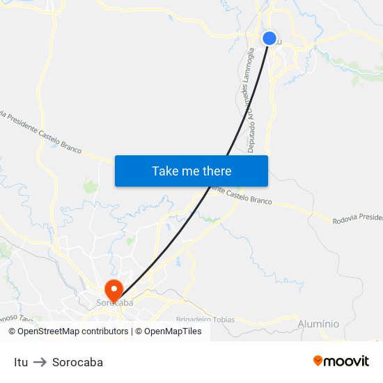 Itu to Sorocaba map