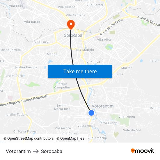 Votorantim to Sorocaba map