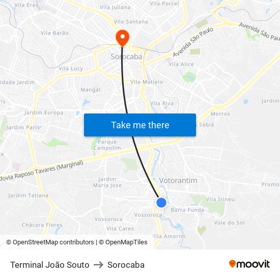 Terminal João Souto to Sorocaba map