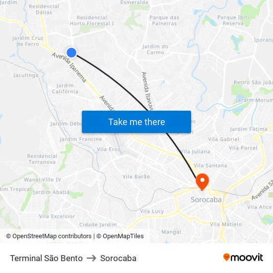 Terminal São Bento to Sorocaba map