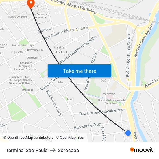 Terminal São Paulo to Sorocaba map