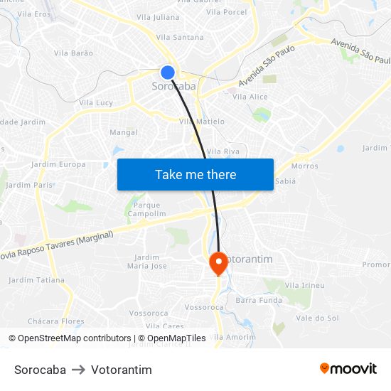 Sorocaba to Votorantim map