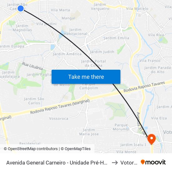 Avenida General Carneiro - Unidade Pré-Hospitalar Da Zona Oeste to Votorantim map