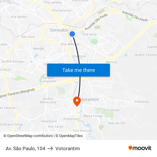 Av. São Paulo, 104 to Votorantim map