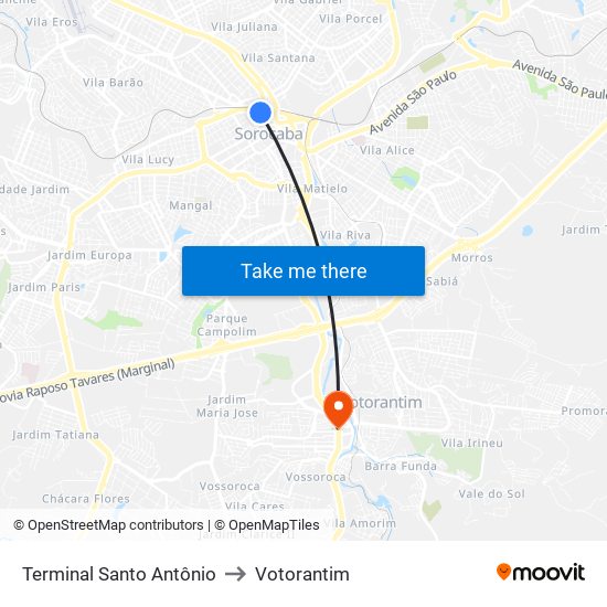 Terminal Santo Antônio to Votorantim map