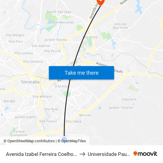 Avenida Izabel Ferreira Coelho, 1-79 to Universidade Paulista map