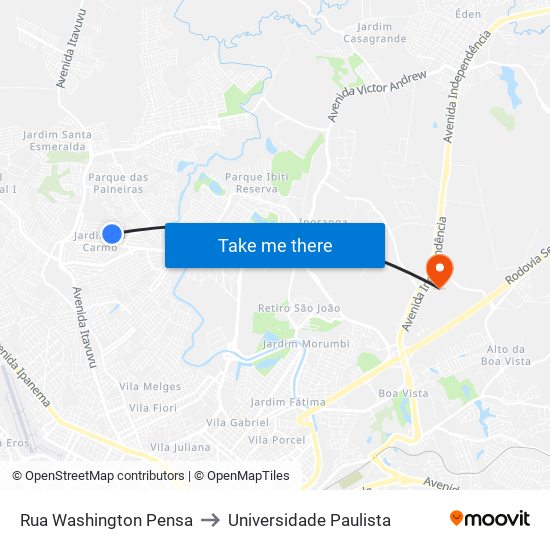 Rua Washington Pensa to Universidade Paulista map