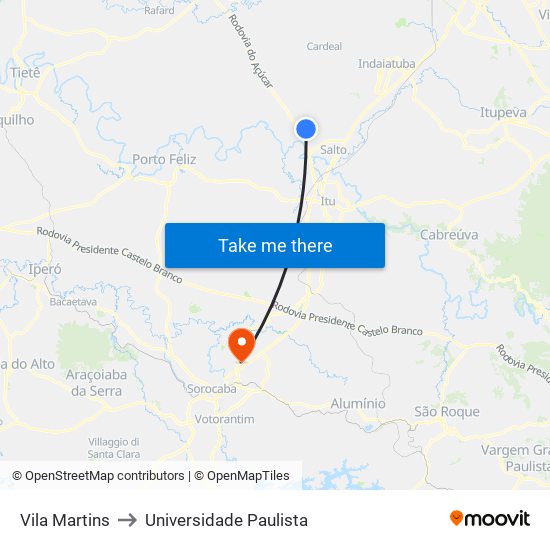 Vila Martins to Universidade Paulista map