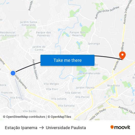 Estação Ipanema to Universidade Paulista map