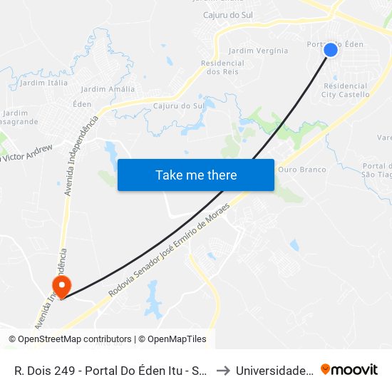 R. Dois 249 - Portal Do Éden Itu - SP 13308-501 Brasil to Universidade Paulista map