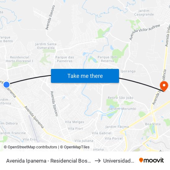 Avenida Ipanema - Residencial Bosque Das Araucárias II to Universidade Paulista map