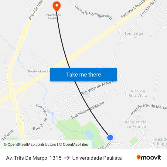 Av. Três De Março, 1315 to Universidade Paulista map