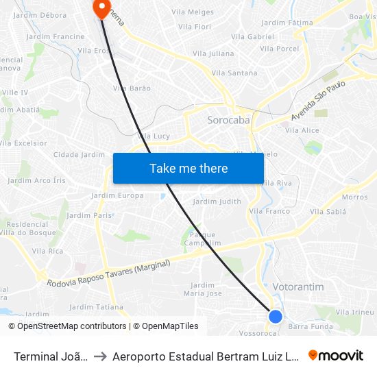 Terminal João Souto to Aeroporto Estadual Bertram Luiz Leupolz - Sorocaba map