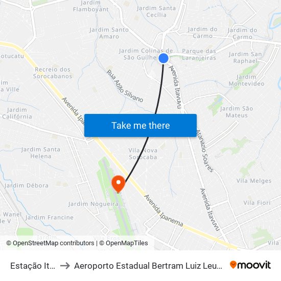 Estação Itavuvu to Aeroporto Estadual Bertram Luiz Leupolz - Sorocaba map