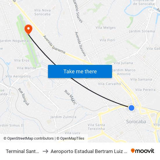 Terminal Santo Antônio to Aeroporto Estadual Bertram Luiz Leupolz - Sorocaba map