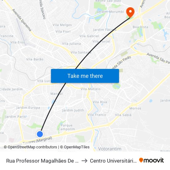 Rua  Professor Magalhães De Noronha, 466 to Centro Universitário Facens map