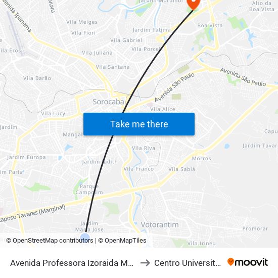 Avenida  Professora Izoraida Marques Peres, 1254 to Centro Universitário Facens map