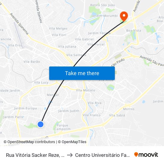 Rua  Vitória Sacker Reze, 321 to Centro Universitário Facens map