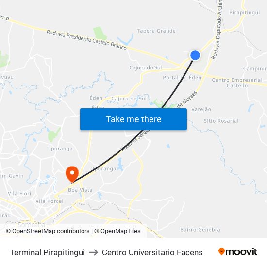 Terminal Pirapitingui to Centro Universitário Facens map