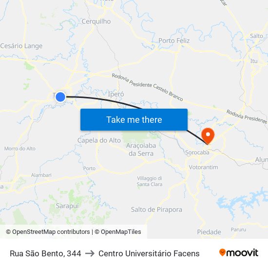 Rua São Bento, 344 to Centro Universitário Facens map