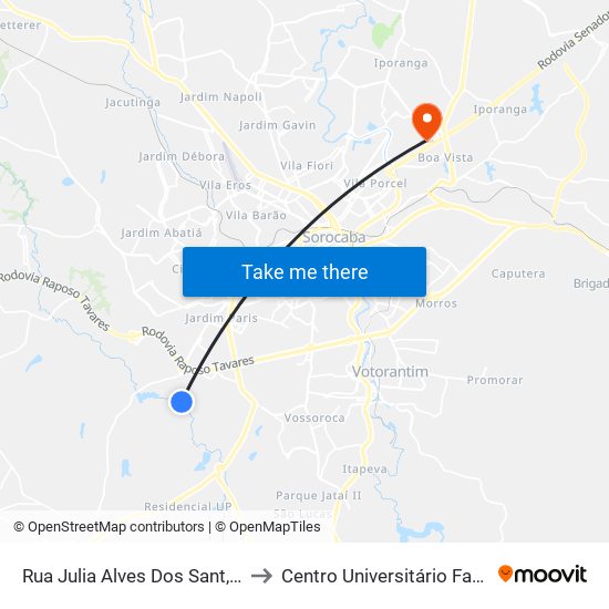 Rua Julia Alves Dos Sant, 160 to Centro Universitário Facens map