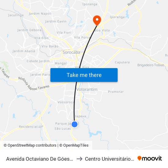 Avenida Octaviano De Góes Vieira, 15 to Centro Universitário Facens map