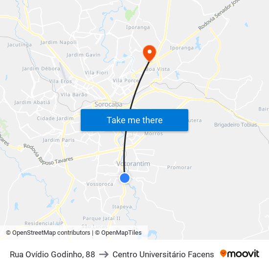 Rua Ovídio Godinho, 88 to Centro Universitário Facens map