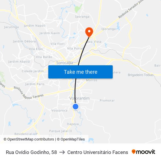 Rua Ovídio Godinho, 58 to Centro Universitário Facens map