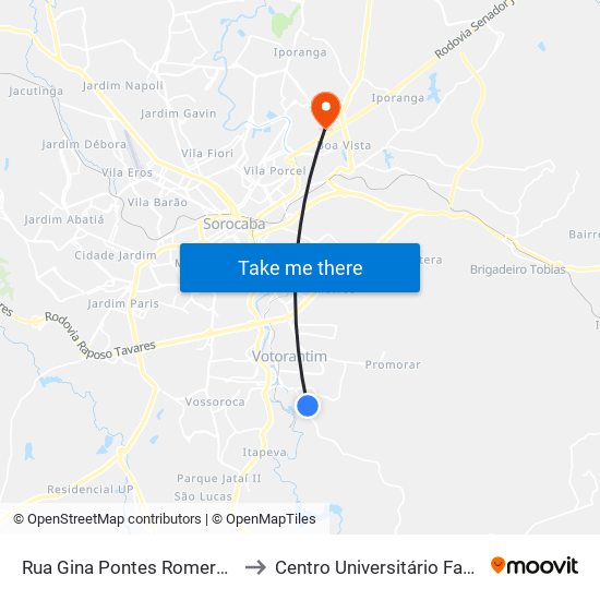 Rua Gina Pontes Romero, 78 to Centro Universitário Facens map