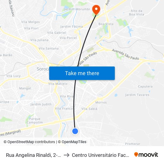 Rua Angelina Rinaldi, 2-72 to Centro Universitário Facens map