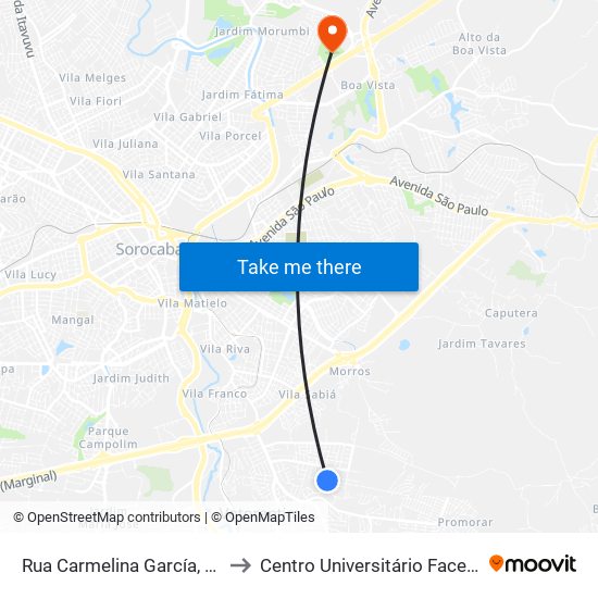 Rua Carmelina García, 32 to Centro Universitário Facens map