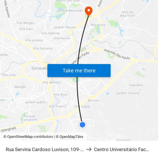 Rua Servina Cardoso Luvison, 109-149 to Centro Universitário Facens map