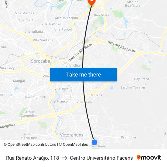 Rua Renato Araújo, 118 to Centro Universitário Facens map