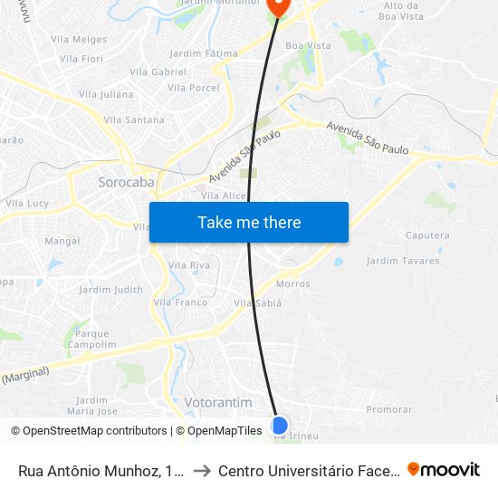 Rua Antônio Munhoz, 135 to Centro Universitário Facens map