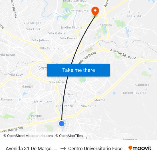 Avenida 31 De Março, 11 to Centro Universitário Facens map
