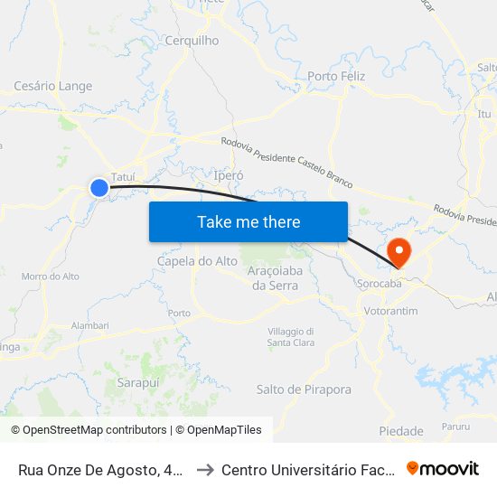 Rua Onze De Agosto, 4040 to Centro Universitário Facens map