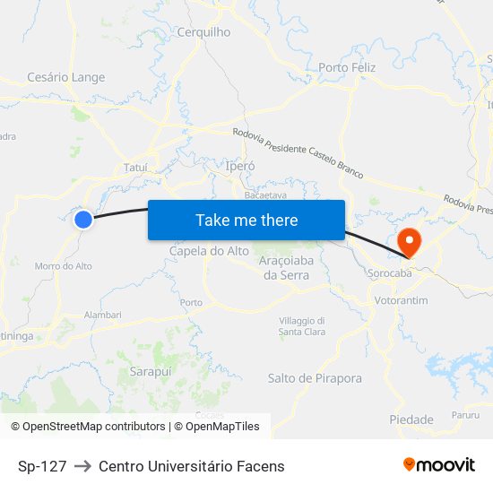 Sp-127 to Centro Universitário Facens map