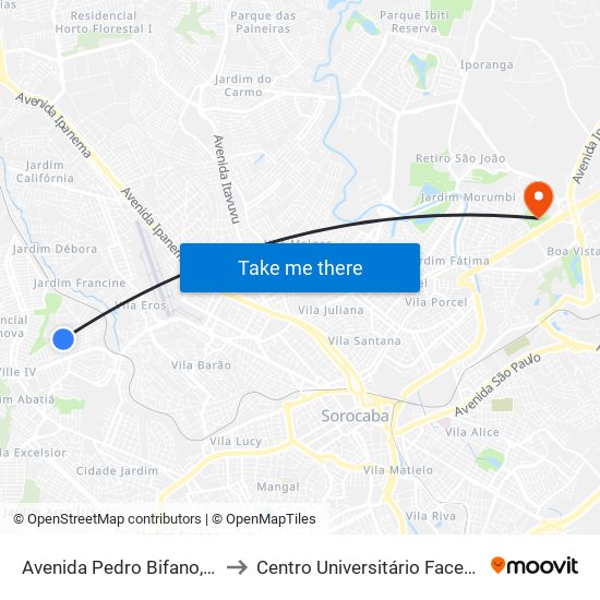 Avenida Pedro Bifano, 2 to Centro Universitário Facens map