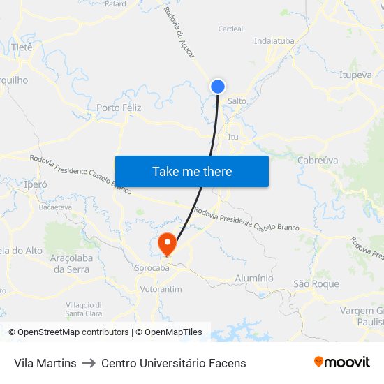 Vila Martins to Centro Universitário Facens map