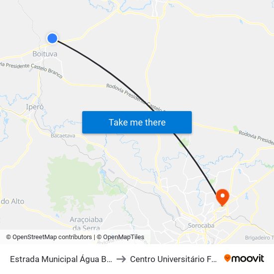 Estrada Municipal Água Branca to Centro Universitário Facens map