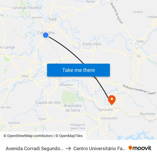Avenida Corradi Segundo, 175 to Centro Universitário Facens map
