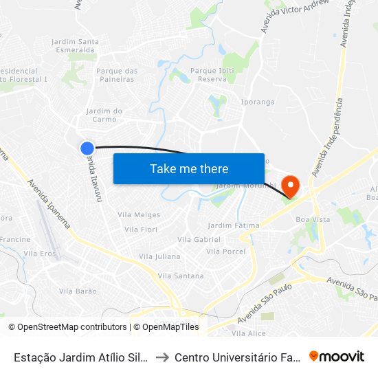 Estação Jardim Atílio Silvano to Centro Universitário Facens map