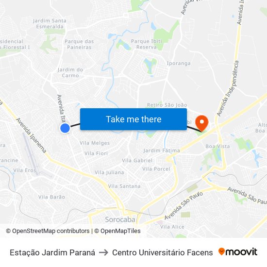 Estação Jardim Paraná to Centro Universitário Facens map