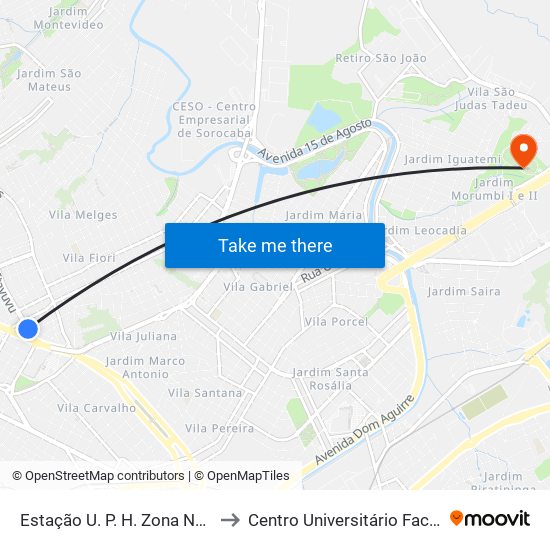 Estação U. P. H. Zona Norte to Centro Universitário Facens map