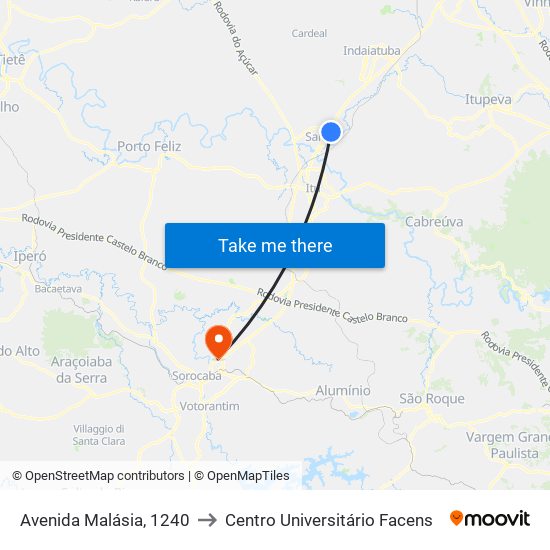 Avenida Malásia, 1240 to Centro Universitário Facens map